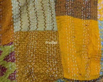 Handmade Patchwork Patola silk Kantha Quilt, Bohemian Bed Decor Throw Blanket, Floral Print Reversible Bedspread