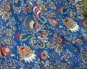 Indisk Kantha-pläd, indiska Kantha-täcken i bomull, Kantha-överkast, 100 % bomull, handblockerad Kantha-täcke, Gudari-bomull
