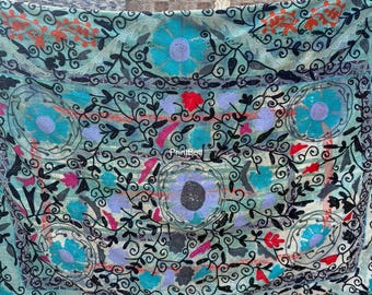 Handmade Suzani Kantha Quilt: Green Floral Embroidered Cotton Throw