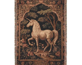 Medieval Unicorn Tapestry Throw – Enchanted Forest Woven Blanket