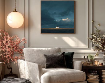 Small White House Art – Atey Ghailan & Jon Klassen Style Evening Landscape, Open Field and Dark Sky Poster/Canvas/Framed Canvas