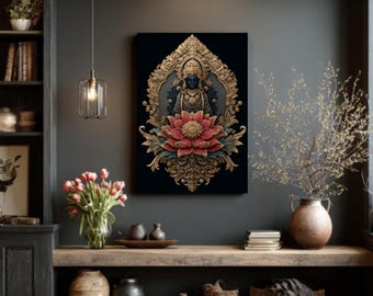 Kali Thangka Art – Tibetan Goddess, Gold Floral Ornament Canvas