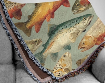 Manta tejida con diseño de trucha – Tapiz vintage de peces, decoración estilo cottagecore