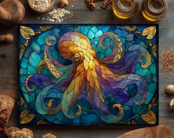 Stained Glass Octopus Cutting Board: Colorful Mosaic Ocean Decor