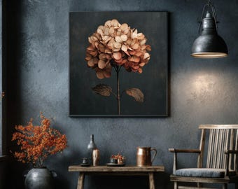 Dried Hydrangea Painting – Brown Floral Minimalist Art on Black Background Poster/Canvas/Framed Canvas