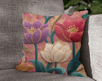 Tulip Woven Pillow – Klimt Inspired Floral Tapestry Cushion