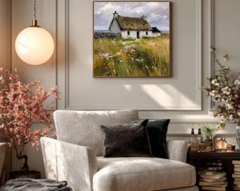 Irish Cottage Art – John Singer Sargent Style Oil Painting, Wildflowers, Grasses & Muted Colors Poster/Canvas/Framed Canvas