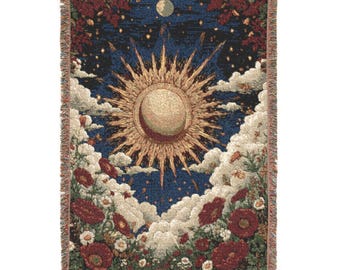 Celestial geweven deken – zon, maan, sterren wandtapijt, cottage-decor