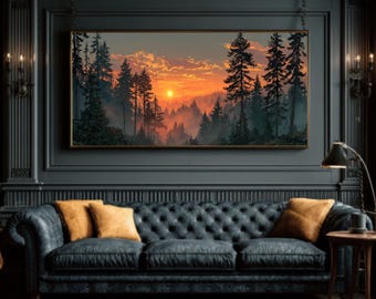 Misty Pine Sunrise Canvas Art – Golden Forest Landscape Decor