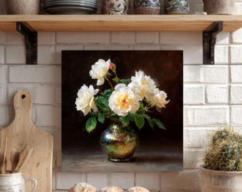 White Roses in Iridescent Vase – John Singer Sargent Style Oil Painting, Neutral Cottagecore Floral Still Life Canvas Wall Art