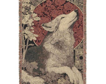 Art Nouveau Wolf Woven Blanket – Velvet Throw, Floral Forest Decor