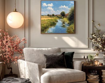 English Countryside River Art – Oil Painting Landscape, Green Fields & Trees, Tranquil Nature Scene Poster/Canvas/Framed Canvas