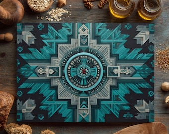 Aztec Geometric Glass Cutting Board: Teal, Blue, and Green Kitchen Decor