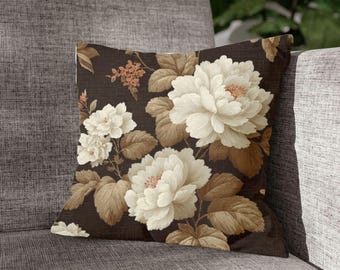 Shabby Chic Floral Pillow Cover – Brown & White Block Print Cushion