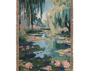 Monet Water Lilies Woven Blanket: Impressionist Art Tapestry Throw