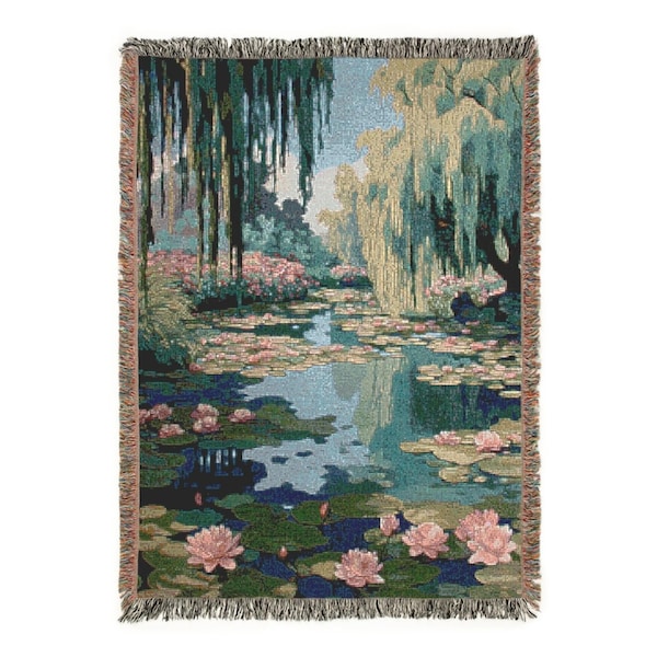 Monet Water Lilies Woven Blanket: Impressionist Art Tapestry Throw
