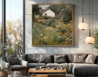 Cottage Garden Art – Whistler Style Oil Painting, Wildflowers & White House in Muted Pastel Colors Poster/Canvas/Framed Canvas