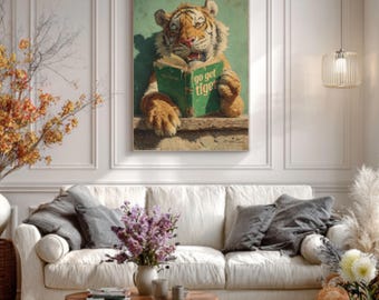 Vintage Tiger Reading Art – Anthropomorphic Tiger with Green Book Cover, Whimsical Animal Illustration Poster/Canvas/Framed Canvas
