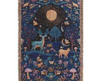 Woven Forest Creatures Throw – Celestial Accents, Cottagecore Blanket