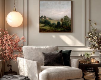 English Countryside Farmhouse – J.M.W. Turner Style Oil Painting, Muted Horizon & Hazy Atmosphere Poster/Canvas/Framed Canvas