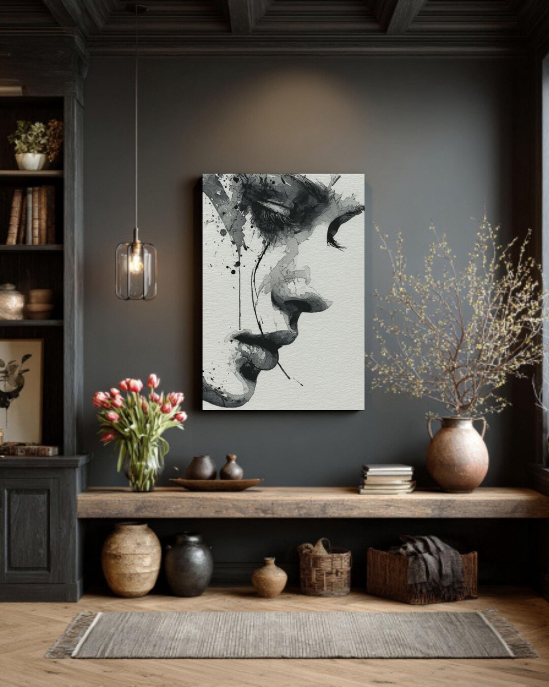 Monochrome Ink Face Art – Black & Gray Brush Strokes on White ...