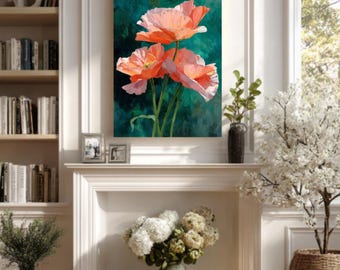 Minimalist Floral Painting – Three Peach Poppies on Green Background, Modern Botanical Wall Art, Poster, Canvas or Framed Canvas