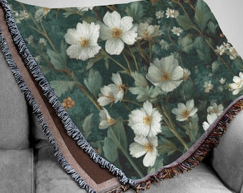Manta tejida botánica vintage: manta floral verde oscuro estilo cottagecore