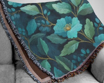Manta tejida floral – Manta botánica verde oscuro, decoración acogedora para el hogar