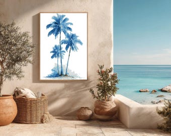 Minimalist Blue Palm Trees Art – Three Soft Pastel Trees on White Background, Low Contrast & Brightness, Poster, Canvas, Framed Canvas