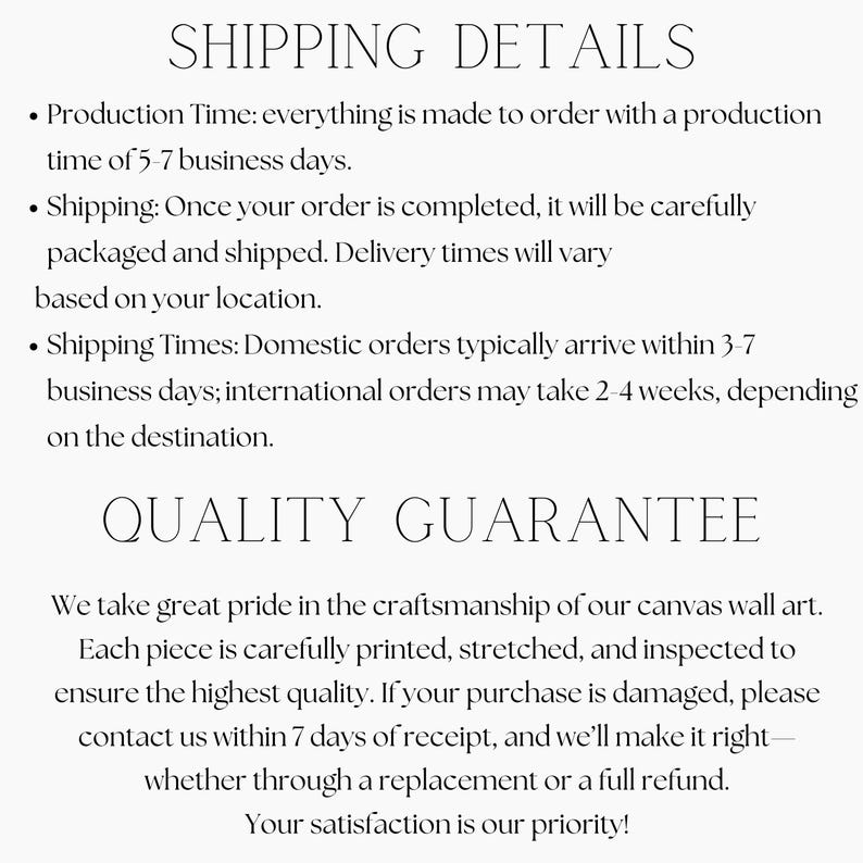 May include: Text on a white background reads "SHIPPING DETAILS" and "QUALITY GUARANTEE". Below, bullet points detail production time, shipping, and shipping times. The text emphasizes careful packaging and quality assurance for canvas wall art.
