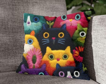 Colorful Cat Woven Pillow – Vibrant Floral Accent Cushion