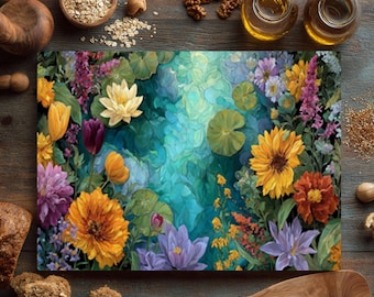 Watercolor Floral Glass Cutting Board – Iridescent Stained Glass Kitchen Decor