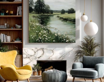 English Countryside River – David Hockney & James Whistler Style Oil Painting, Meadow and White Wildflowers, Poster/Canvas/Framed Canvas