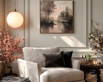 Romantic Trees & Water Art – Charles-François Daubigny Style Oil Painting, Vintage Sepia Landscape Poster/Canvas/Framed Canvas