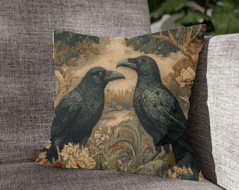 Crow Tapestry Pillow – Enchanted Forest Woven Cushion