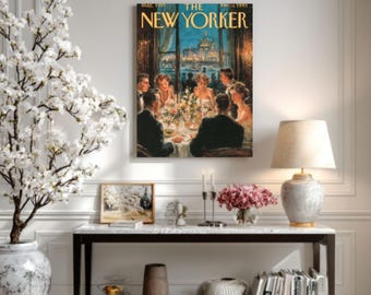 Vintage New Yorker Cover Art – 1995 Dinner Party Illustration in E.H. Style, Elegant City Night Poster, Canvas or Framed Canvas