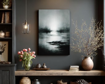 Abstract Foggy Landscape Painting – Monochrome Wall Art, Desolate Atmosphere