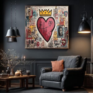 May include: A large, framed artwork featuring a red heart with a crown, surrounded by colorful graffiti-style drawings. The artwork hangs above a dark leather armchair with an orange pillow, creating a modern, eclectic living room aesthetic.