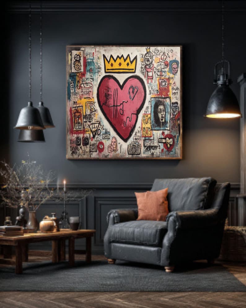 May include: A large, framed artwork featuring a red heart with a crown, surrounded by colorful graffiti-style drawings. The artwork hangs above a dark leather armchair with an orange pillow, creating a modern, eclectic living room aesthetic.