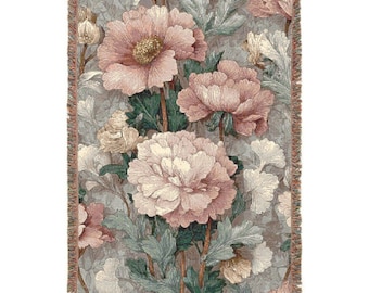 William Morris Woven Cotton Blanket - Pink Floral Cottagecore Throw