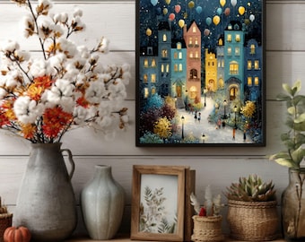 Whimsical Starry Village Art: Folk Art Town Scene, Pastel Colors, Balloons