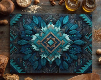 Teal & Black Glass Cutting Board: Native American Geometric Design
