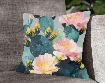 Hand-Painted Cactus Flower Pillow Cover: Green, Yellow, Pink Succulent Design