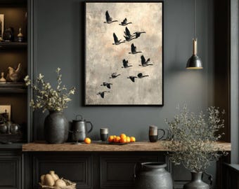Canvaskunst Scandinavische vliegende vogels: neutrale stencilafdruk