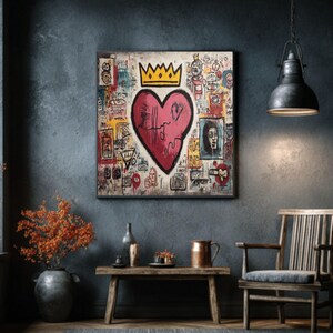 May include: A framed artwork featuring a large red heart with a yellow crown, surrounded by colorful graffiti-style drawings. The artwork hangs on a dark blue wall above a wooden bench with decorative items. A vintage-style lamp hangs from the ceiling.
