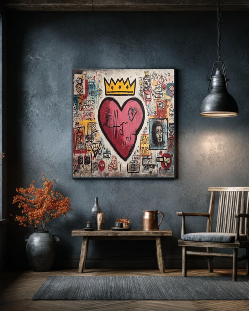 May include: A framed artwork featuring a large red heart with a yellow crown, surrounded by colorful graffiti-style drawings. The artwork hangs on a dark blue wall above a wooden bench with decorative items. A vintage-style lamp hangs from the ceiling.