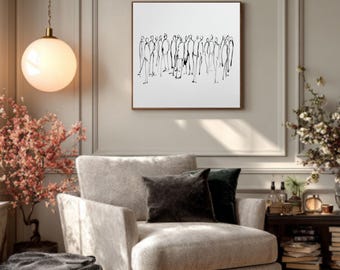 Minimal Line People Art – Matisse Inspired Black Ink Figures in Rows, Simple Modern Drawing Poster/Canvas/Framed Canvas