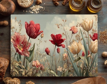 Vintage Floral Glass Cutting Board: Hand-Drawn Tulips & Wildflowers