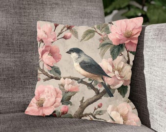 Pastel Pink Chinoiserie Pillow – Vintage Floral Bird Throw Cushion