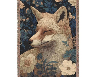 Cottagecore Fox Woven Blanket – Floral Vines, Rustic Farmhouse Throw
